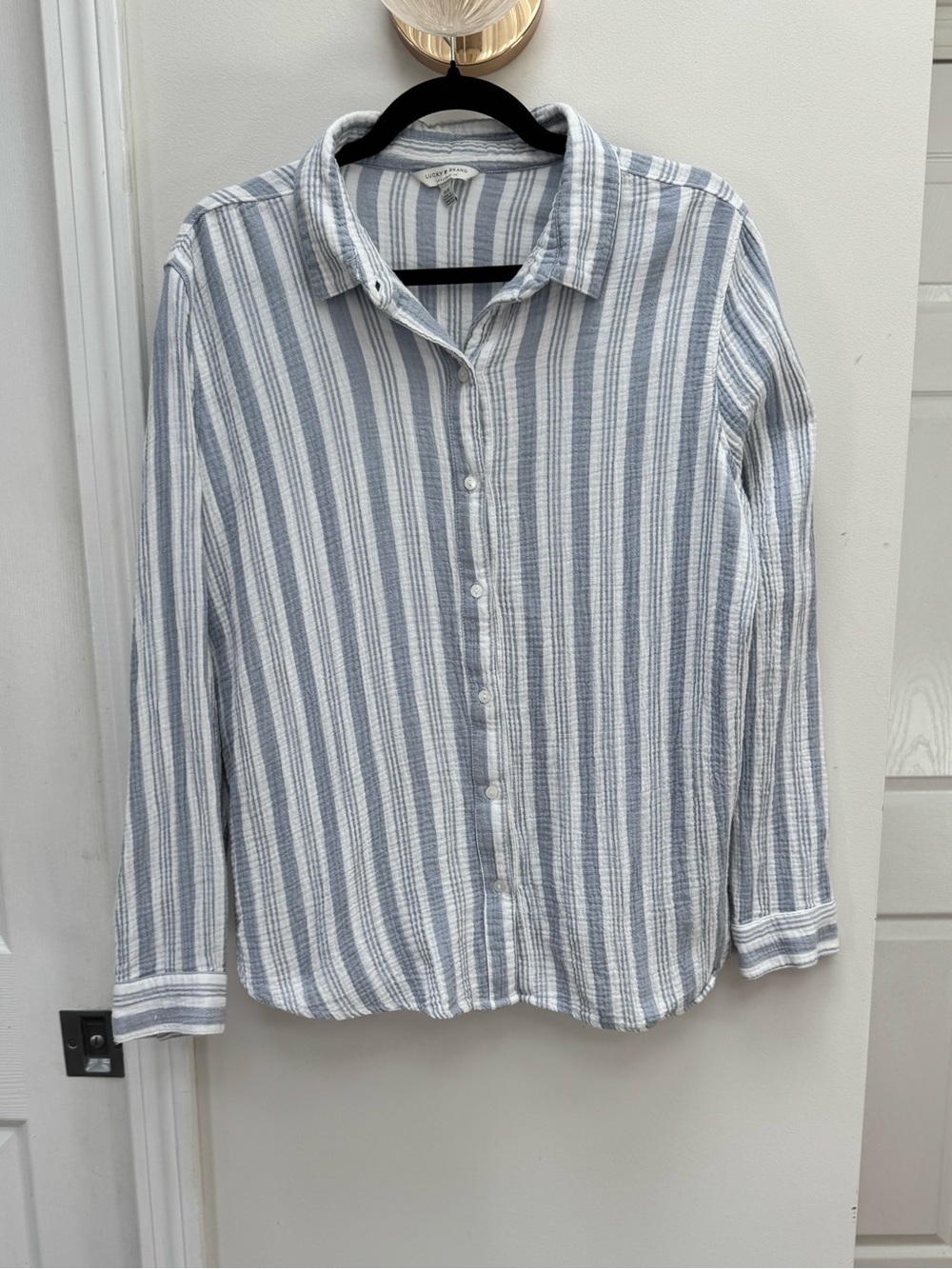 Lucky Brand Blue and White Striped 100% Cotton Button-Down Shirt